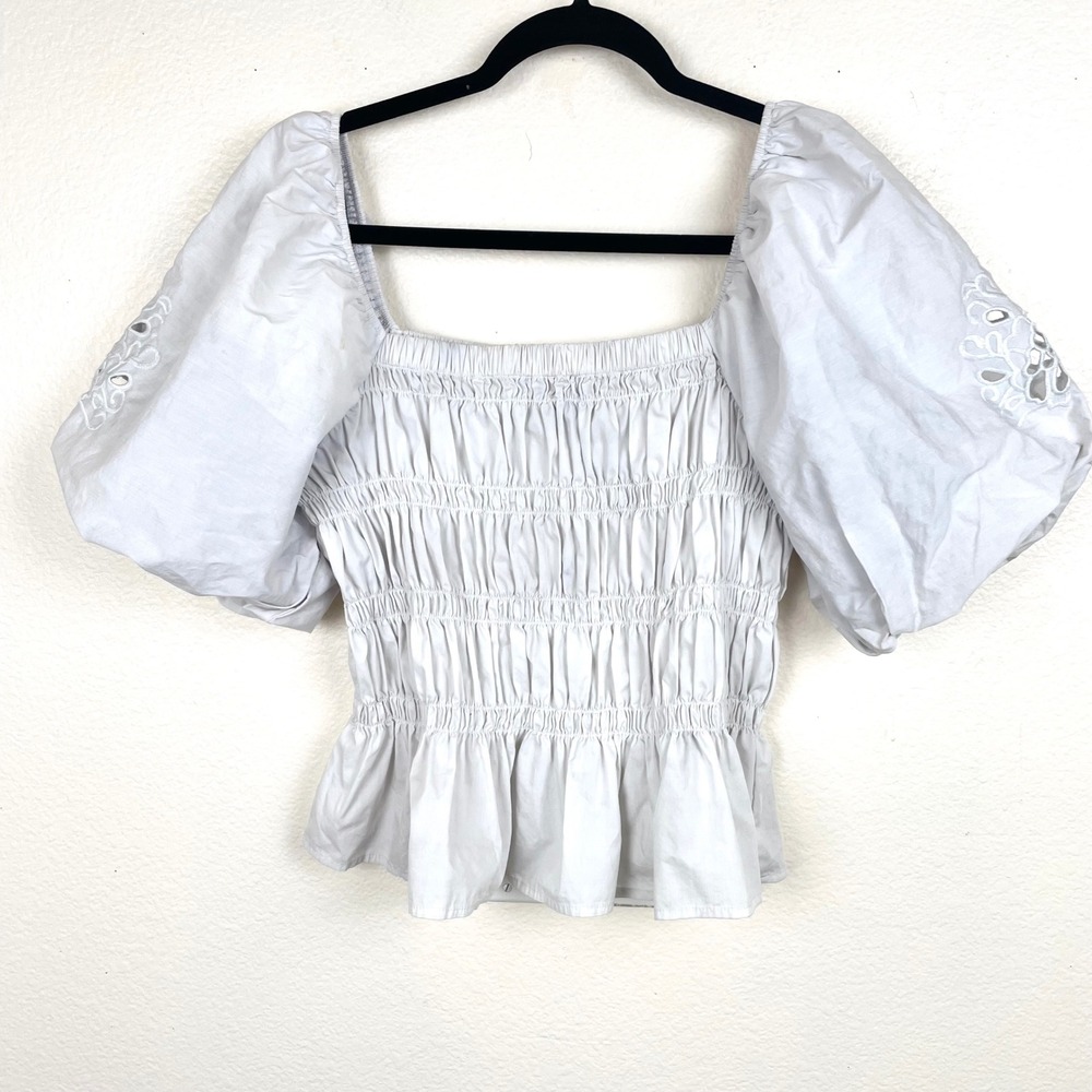Andrew Marc Womens Top Sz M Cotton Cottage Coquette Smocked Puff Sleeve Boho